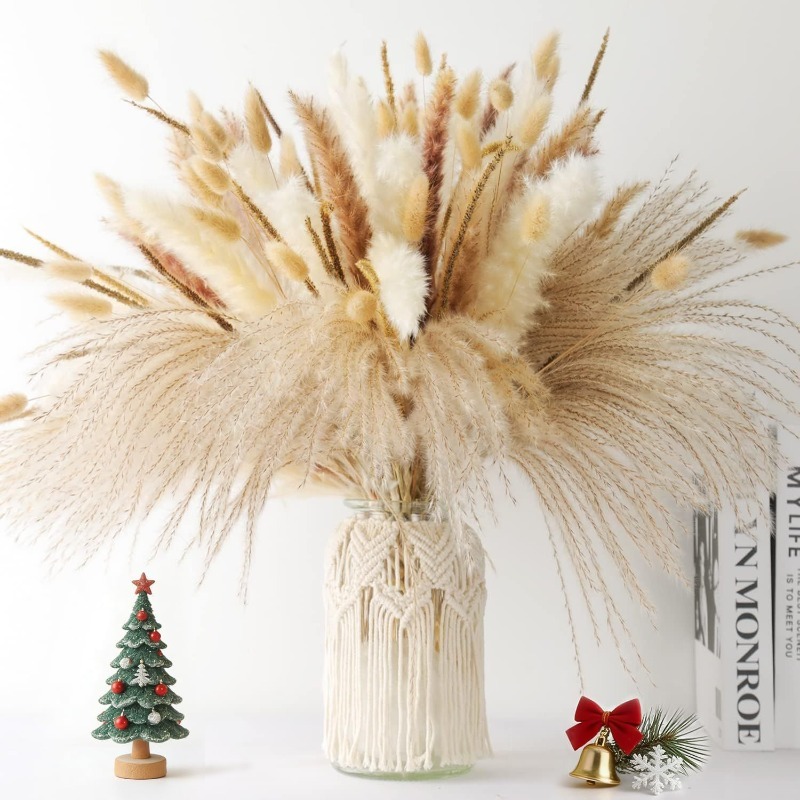 Dried Pampas Bundle - ช่อดอกไม้แห้งผสมโทนสีธรรมชาติสไตล์โบโฮ 120 ชิ้น, ช่อดอกไม้ปามปัสกราสและบันนี่เทลรีด, สำหรับตกแต่งโต๊ะงานแต่งงานและบ้าน