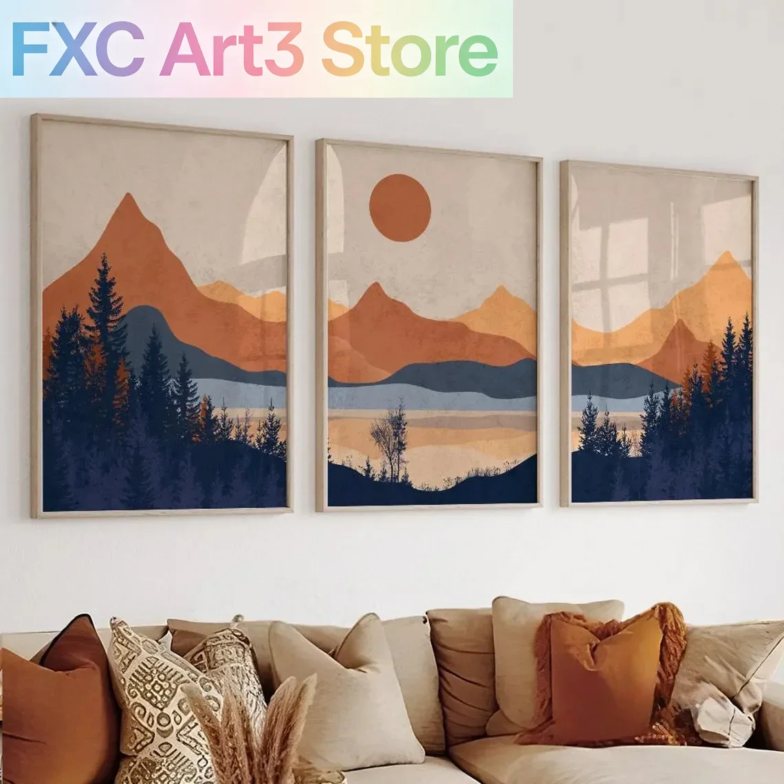 Abstract Canvas Set - 3 ชิ้น/เซ็ตไร้กรอบ, เทอร์ราคอตต้า บลู มินิมอลลิสต์ แลนด์สเคป