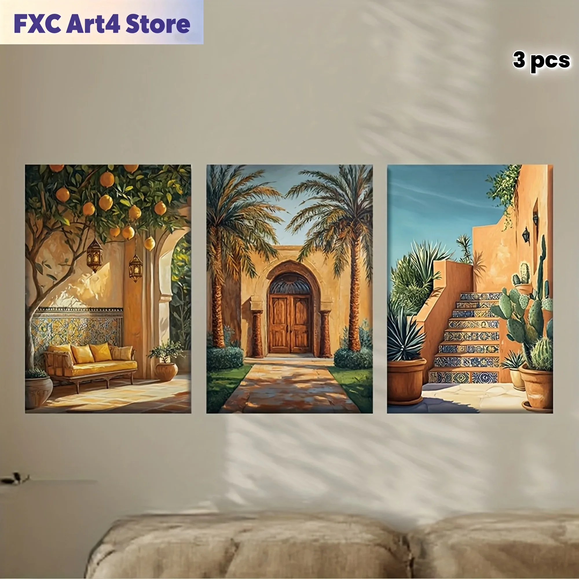 Abstract Canvas Set - ไร้กรอบ[JIT]3 ชิ้น/ชุด, ภาพวาดบนผืนผ้าใบ--ไม่มีกรอบ, มาร์ราเกชสุดหรูพร้อมศิลปะภูมิทัศน์โมร็อกโก, โปสเตอร์และภาพพิมพ์