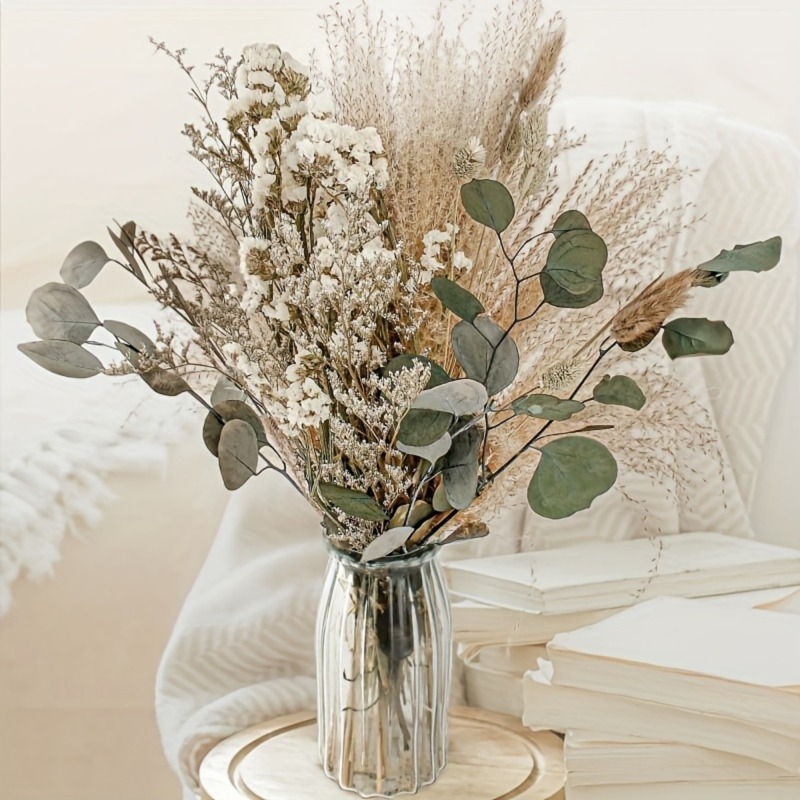 Dried Pampas Bundle - ชุดดอกไม้แห้งผสมสไตล์โบโฮ 45 ชิ้น, คอมโบหญ้าแพมพัสและยูคาลิปตัสที่คงสภาพตามธรรมชาติ, สำหรับตกแต่งโต๊ะในบ้านให้สวยงาม