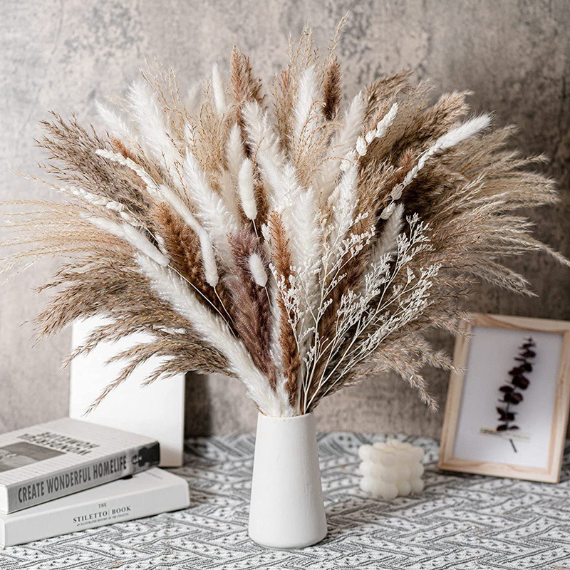 Dried Pampas Bundle - ชุดดอกไม้แห้งผสมสไตล์โบโฮรัสติก 50-105 ชิ้น, ดอกแพมพัสกราสธรรมชาติและดอกบันนี่เทลแห้งสำหรับตกแต่งโต๊ะงานแต่งงานและบ้าน