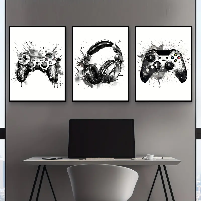 Abstract Canvas Set - ภาพวาดบนผ้าใบไร้กรอบ 3 ชิ้น/ชุด ลายกราฟฟิตี้เกมมิ่ง จอยเกม หูฟัง