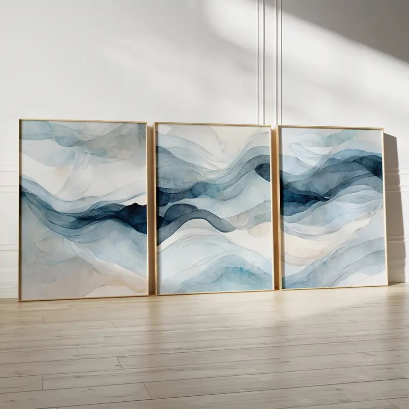 Abstract Canvas Set - 3 ชิ้น/เซ็ตโมเดิร์นนามธรรมสีน้ำเงินเรียบง่ายสีน้ำพิมพ์ผ้าใบ, เหมาะสำหรับห้องนั่งเล่นตกแต่งห้องนอน, ผ้าใบศิลปะบนกำแพง