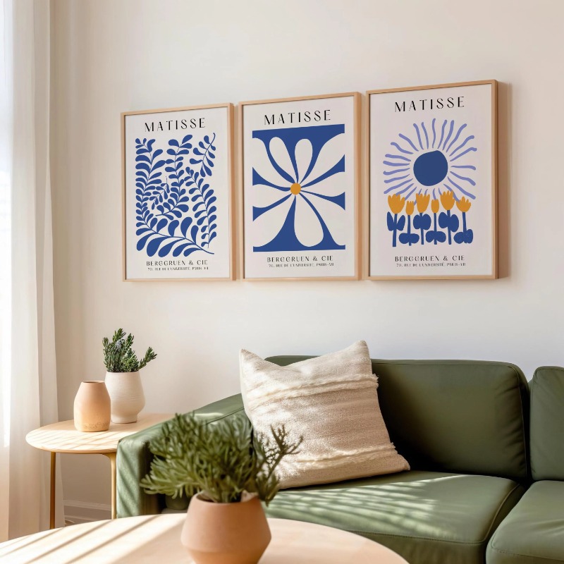 Abstract Canvas Set - ชุดภาพพิมพ์บลู มาติสส์ 3 ชิ้น – ภาพศิลปะนามธรรมติดผนังแบบทรีโอ