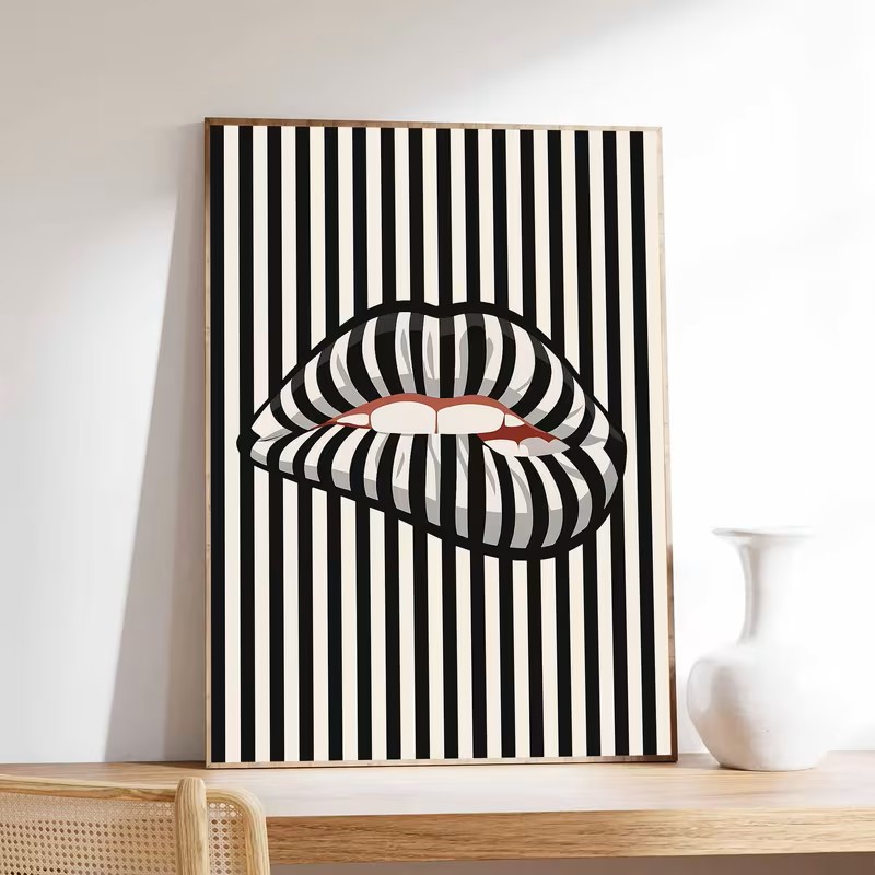 Interior Design Poster - โปสเตอร์ผ้าใบลายทางเรียบง่ายและนามธรรมรูปทรงริมฝีปาก ตกแต่งผนังห้องนั่งเล่นและห้องนอนสไตล์โมเดิร์น
