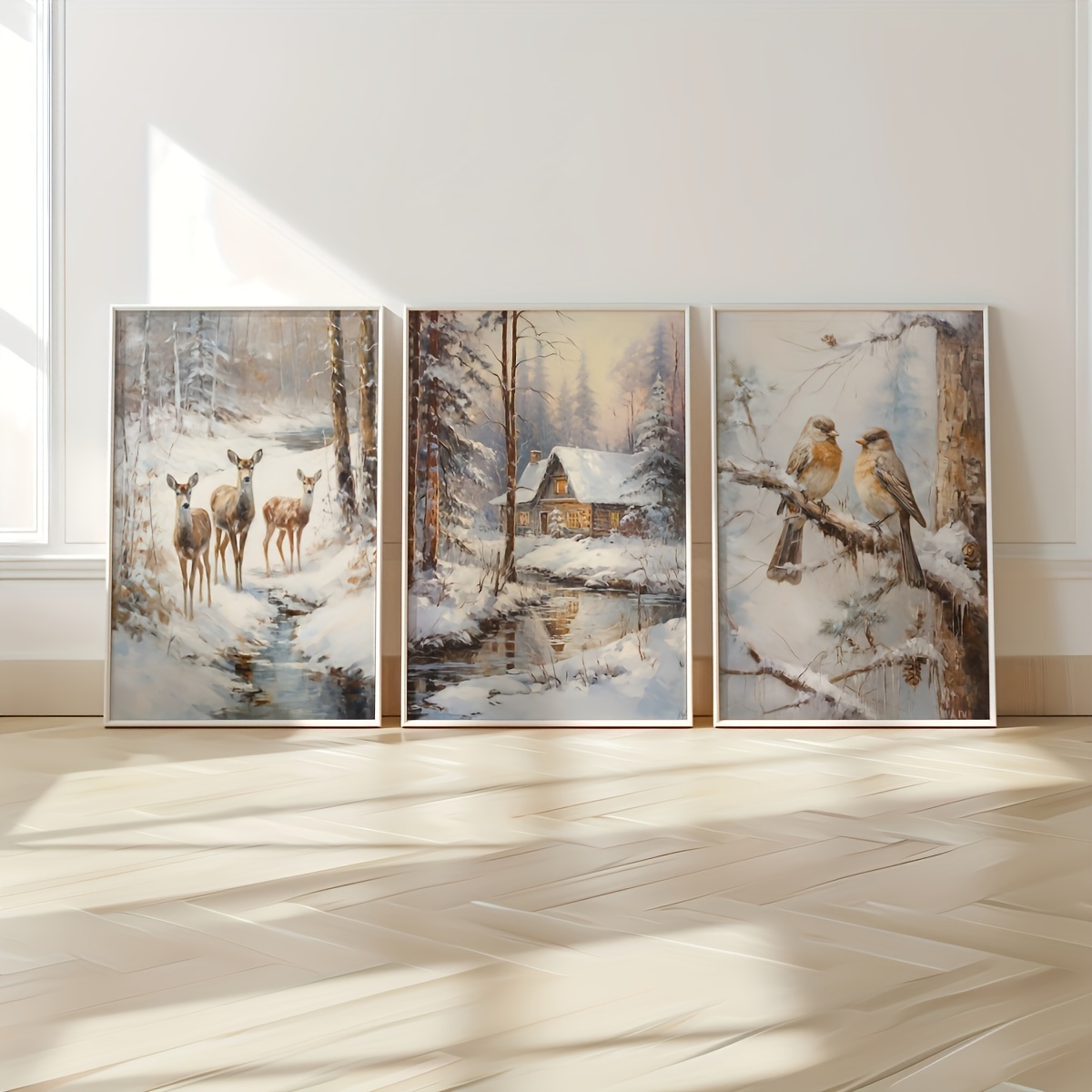 Abstract Canvas Set - ภาพวาดบนผ้าใบไร้กรอบ 3 ชิ้น/ชุด ภาพโปสเตอร์ลายกวาง นก และกระท่อมหิมะสไตล์เรโทร