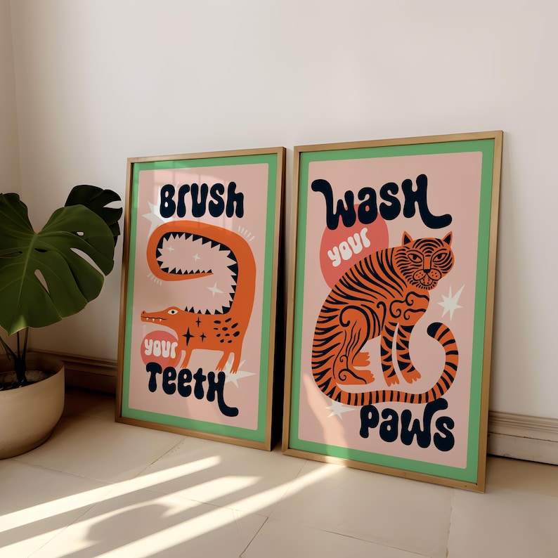 Abstract Canvas Set - ภาพพิมพ์บนผ้าใบลายเสือล้างเท้าในห้องน้ำ 2 ชิ้น/ชุด งานศิลปะตลกๆ สำหรับตกแต่งผนังห้องนั่งเล่นสไตล์โมเดิร์น